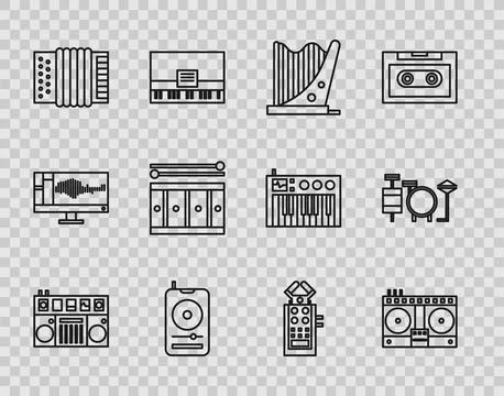 Set line DJ remote for playing and mixing music, Harp, Music player, Musica.. Stock Illustration