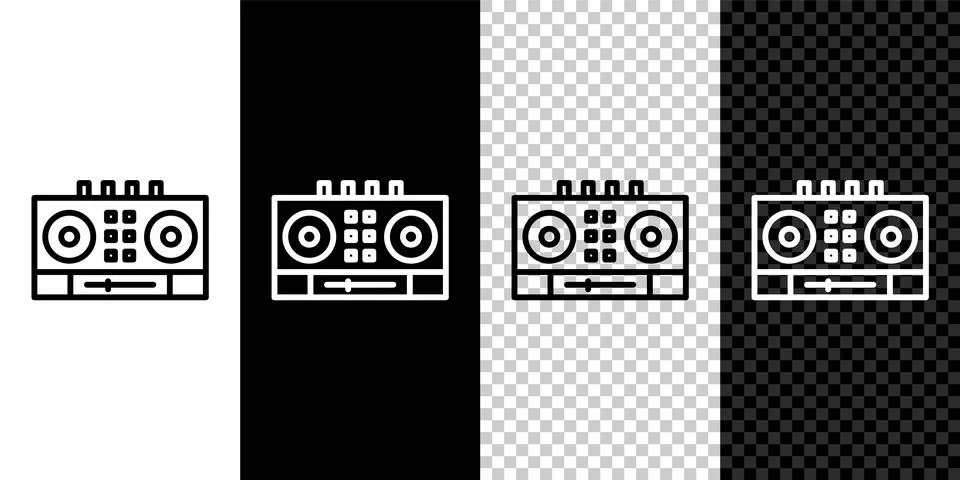Set line DJ remote for playing and mixing music icon isolated on black and wh Stock Illustration