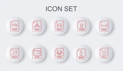 Set line DLL file document, WAV, EML, EPS, PHP, OBJ, JPG and PSD icon. Vector Stock-Illustration