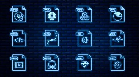 Set line DLL file document, MP3, 3DS, SVG, PHP, JS and HTML icon. Vector 库存插图