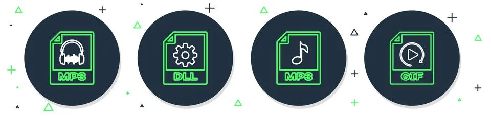 Set line DLL file document, MP3, and GIF icon. Vector 库存插图