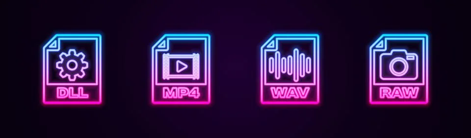 Set line DLL file document, MP4, WAV and RAW. Glowing neon icon. Vector 库存插图