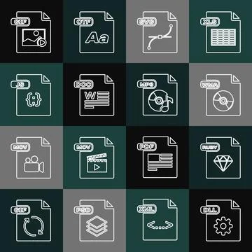 Set line DLL file document, RUBY, WMA, SVG, DOC, JS, GIF and MP3 icon. Vector Illustrazione stock