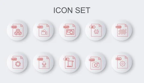 Set line DLL file document, RAW, BMP, 3DS, MOV, OGG and JS icon. Vector Stock Illustration