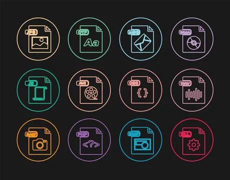 Set line DLL file document, WAV, MSG, AVI, JS, JPG, CSS and OTF icon. Vector Stock Illustration