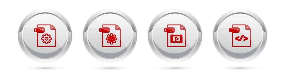 Set line DLL file document, MAX, MP4 and HTML. Silver circle button. Vector Stockillustratie