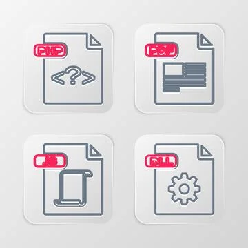 Set line DLL file document, JS, PDF and PHP icon. Vector Stock-Illustration