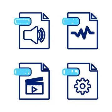 Set line DLL file document, MOV, MP3 and WMA icon. Vector Stock Illustration