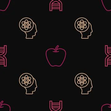 Set line DNA symbol, Atom and Apple on seamless pattern. Vector Stock Illustration