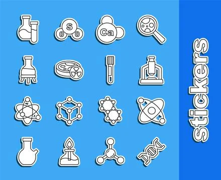 Set line DNA symbol, Atom, Microscope, Mineral Ca Calcium, Test tube with toxic イラスト素材