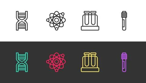 Set line DNA symbol, Atom, Test tube and on black and white. Vector Illustrazione stock