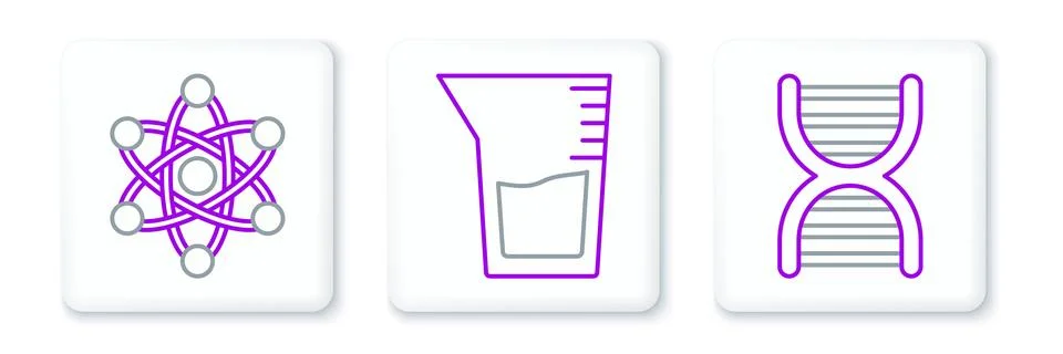 Set line DNA symbol, Atom and Laboratory glassware or beaker icon. Vector Stock Illustration
