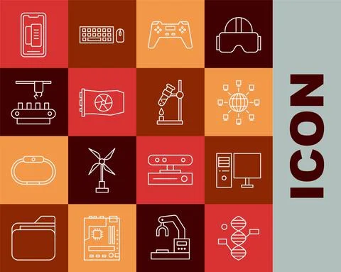 Set line DNA symbol, Computer monitor, Social network, Gamepad, Video graphic イラスト素材