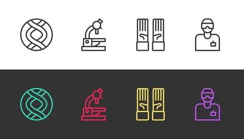 Set line DNA symbol, Microscope, Medical rubber gloves and Laboratory assistant 스톡 일러스트