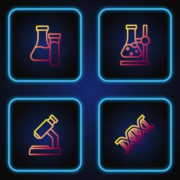 Set line DNA symbol, Microscope, Test tube and flask on stand. Gradient color Stock Illustration
