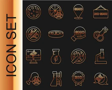 Set line DNA symbol, Microscope, Genetically modified meat, GMO, Petri dish with Illustrazione stock