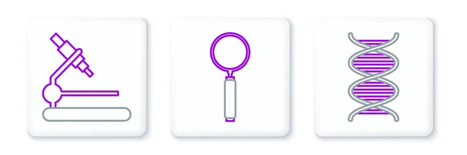 Set line DNA symbol, Microscope and Magnifying glass icon. Vector Illustrazione stock