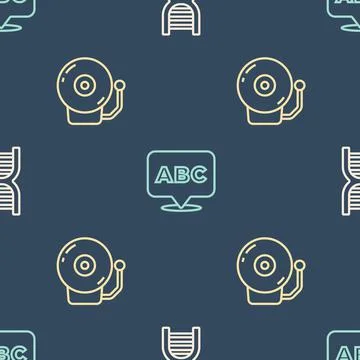 Set line DNA symbol, Ringing alarm bell and Alphabet on seamless pattern. Vector Illustrazione stock