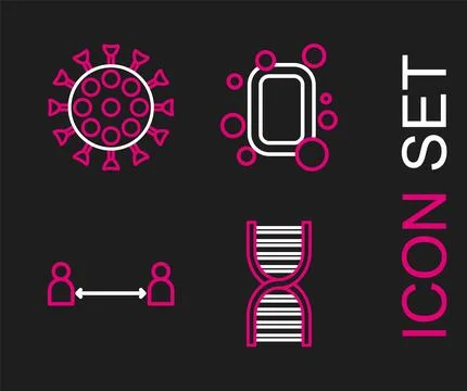 Set line DNA symbol, Safe distance, Bar of soap and Virus icon. Vector Stock Illustration