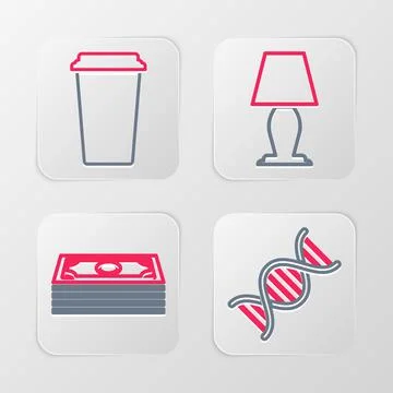Set line DNA symbol, Stacks paper money cash, Table lamp and Coffee cup icon Stock Illustration