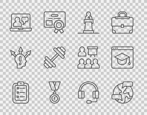 Set line To do list or planning, Worldwide, Speaker, Medal, Online education Stock-Illustration