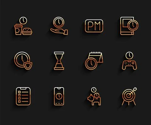 Set line To do list or planning, Alarm clock app mobile, Fast food time, Piggy Illustrazione stock