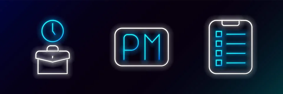 Set line To do list or planning, Work time and Day icon. Glowing neon. Vector イラスト素材