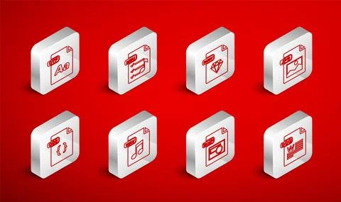 Set line DOC file document, M3U, RUBY, JPG, BMP, OTF, WAV and CSS icon. Vector Illustration