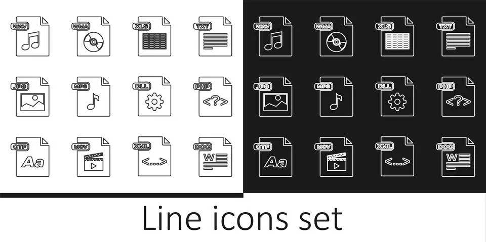 Set line DOC file document, PHP, XLS, MP3, JPG, WAV, DLL and WMA icon. Vector 스톡 일러스트