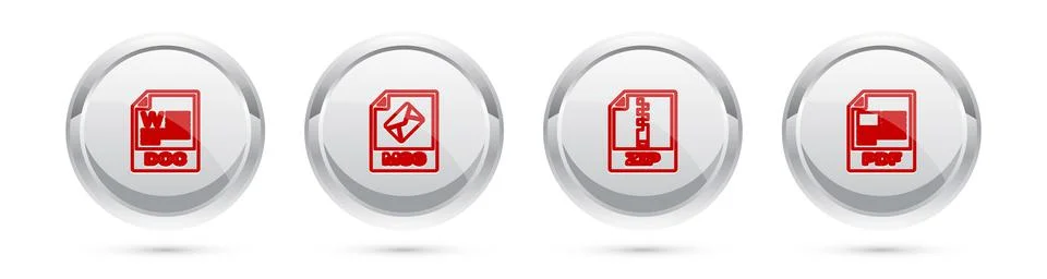 Set line DOC file document, MSG, ZIP and PDF. Silver circle button. Vector 스톡 일러스트
