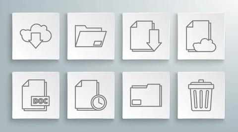 Set line DOC file document, Document folder, with clock, Trash can, download Stockillustratie