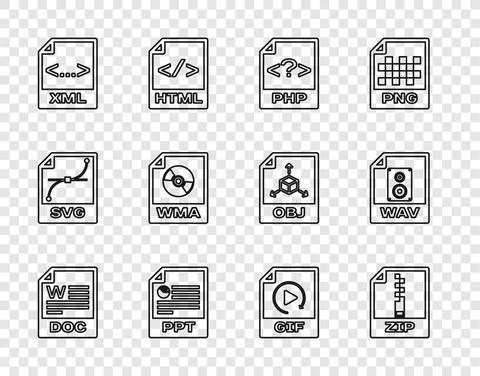 Set line DOC file document, ZIP, PHP, PPT, XML, WMA, GIF and WAV icon. Vector イラスト素材