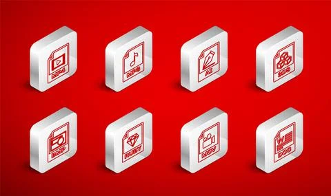 Set line DOC file document, MP3, AI, 3DS, MOV, MP4, RUBY and BMP icon. Vector Illustrazione stock