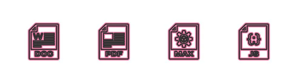 Set line DOC file document, MAX, PDF and JS icon. Vector Stock Illustration