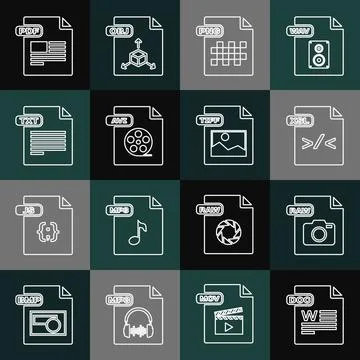 Set line DOC file document, RAW, XSL, PNG, AVI, TXT, PDF and TIFF icon. Vector Stock Illustration