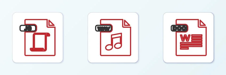 Set line DOC file document, JS and WAV icon. Vector Illustrazione stock