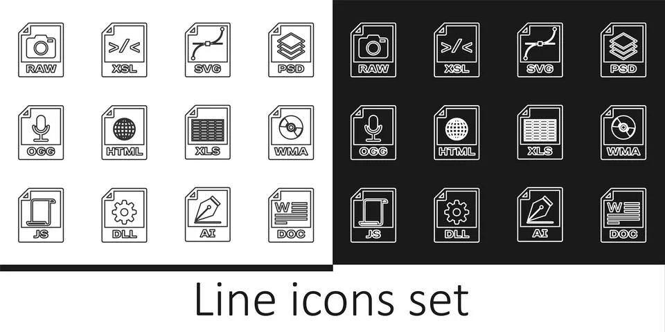 Set line DOC file document, WMA, SVG, HTML, OGG, RAW, XLS and XSL icon. Vector 库存插图