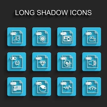 Set line DOC file document, PPT, WAV, MP3, PHP, RUBY, WMA and icon. Vector Stockillustratie