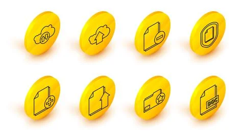 Set line DOC file document, Document folder with star, Upload, Add new, pro.. Illustrazione stock