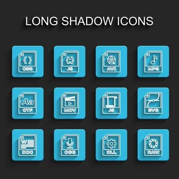 Set line DOC file document, OGG, CSS, DLL, RAW, MOV, SVG and JS icon. Vector Stock Illustration