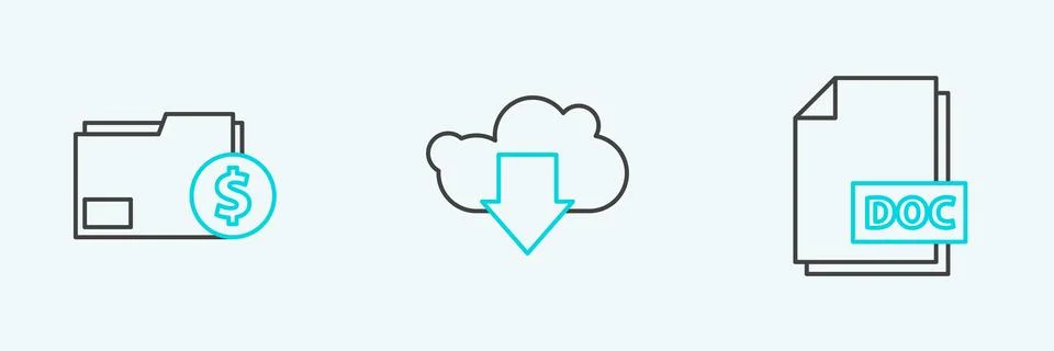 Set line DOC file document, Finance folder and Cloud download icon. Vector 스톡 일러스트