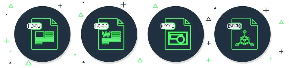 Set line DOC file document, BMP, PDF and OBJ icon. Vector イラスト素材