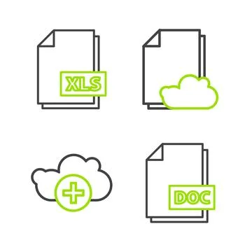 Set line DOC file document, Add cloud, Cloud storage text and XLS icon. Vecto Stock Illustration