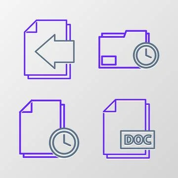 Set line DOC file document, Document with clock, folder and Next page arrow.. Stock Illustration