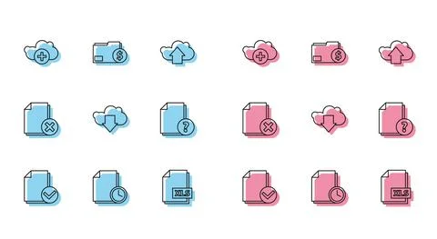 Set line Document and check mark, with clock, Add cloud, XLS file document イラスト素材