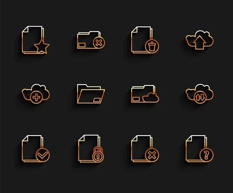 Set line Document and check mark, lock, with star, Delete file document, Unknown Illustrazione stock