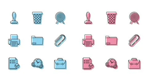 Set line Document and check mark, Time Management, Stamp, Briefcase, folder Stock Illustration