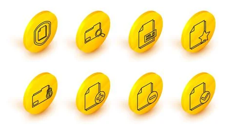 Set line Document and check mark, with minus, Add new file, Folder lock, star Stockillustratie