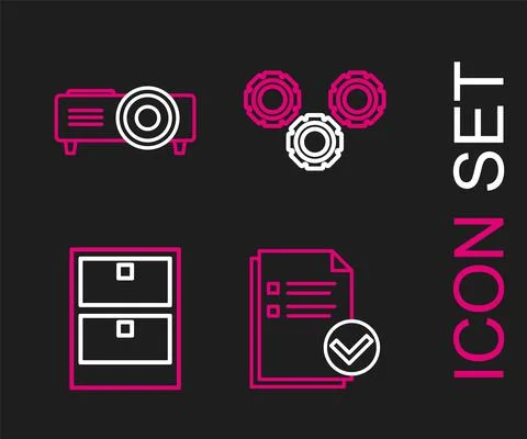 Set line Document and check mark, Archive papers drawer, Gear and Presentation Stock Illustration