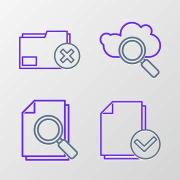 Set line Document and check mark, with search, Search cloud computing and Delete Illustrazione stock